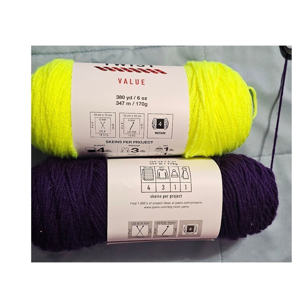 Big Twist Value Yarn 2 Skeins Safety Yellow and Grape Purple 6oz 380yd Acrylic